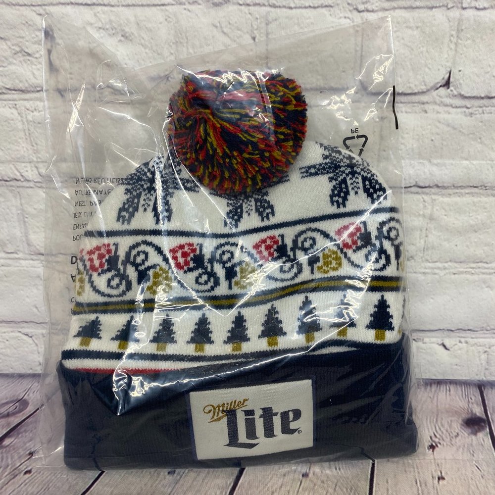 Miller Lite Beer Beanie Winter Hat Cap Toque White Navy Blue Pom Top Christmas